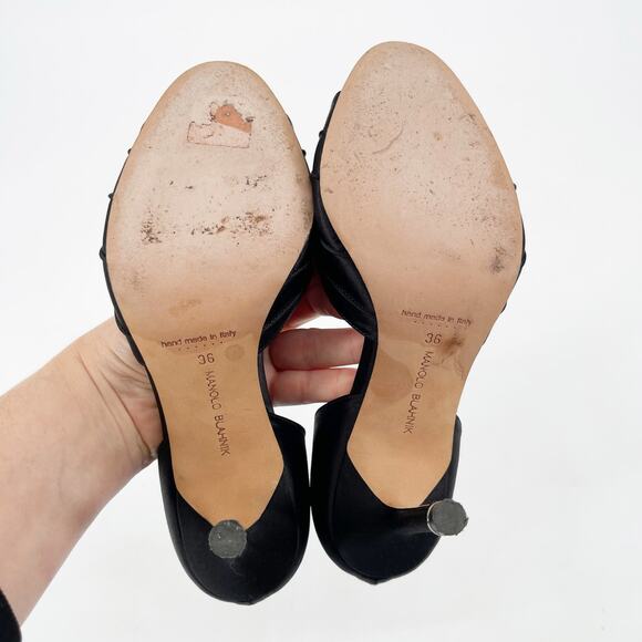 Manolo Blahnik Cassiado Black Satin Crystal Brooch D'Orsay Peep Toe Heels IT 36 - Picture 9 of 10